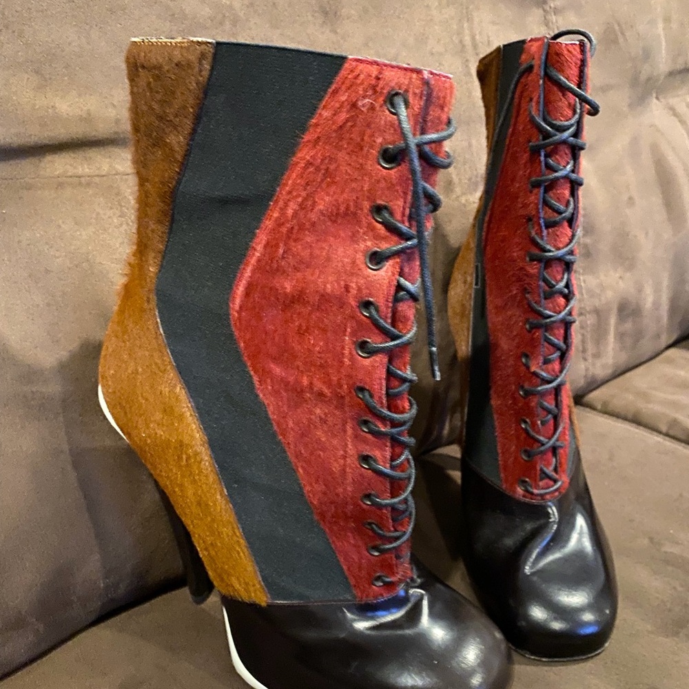 Fendi Calf Hair Lace-Up Colorblock High-Heel Ankle Boots - Picture 2 of 6